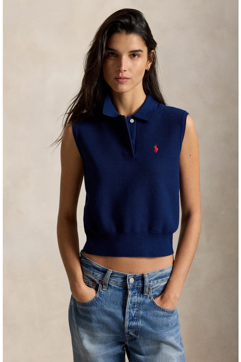 Sleeveless Cotton Blend Piqué Polo Sweater, Alternate, color, EAST SIDE ROYAL