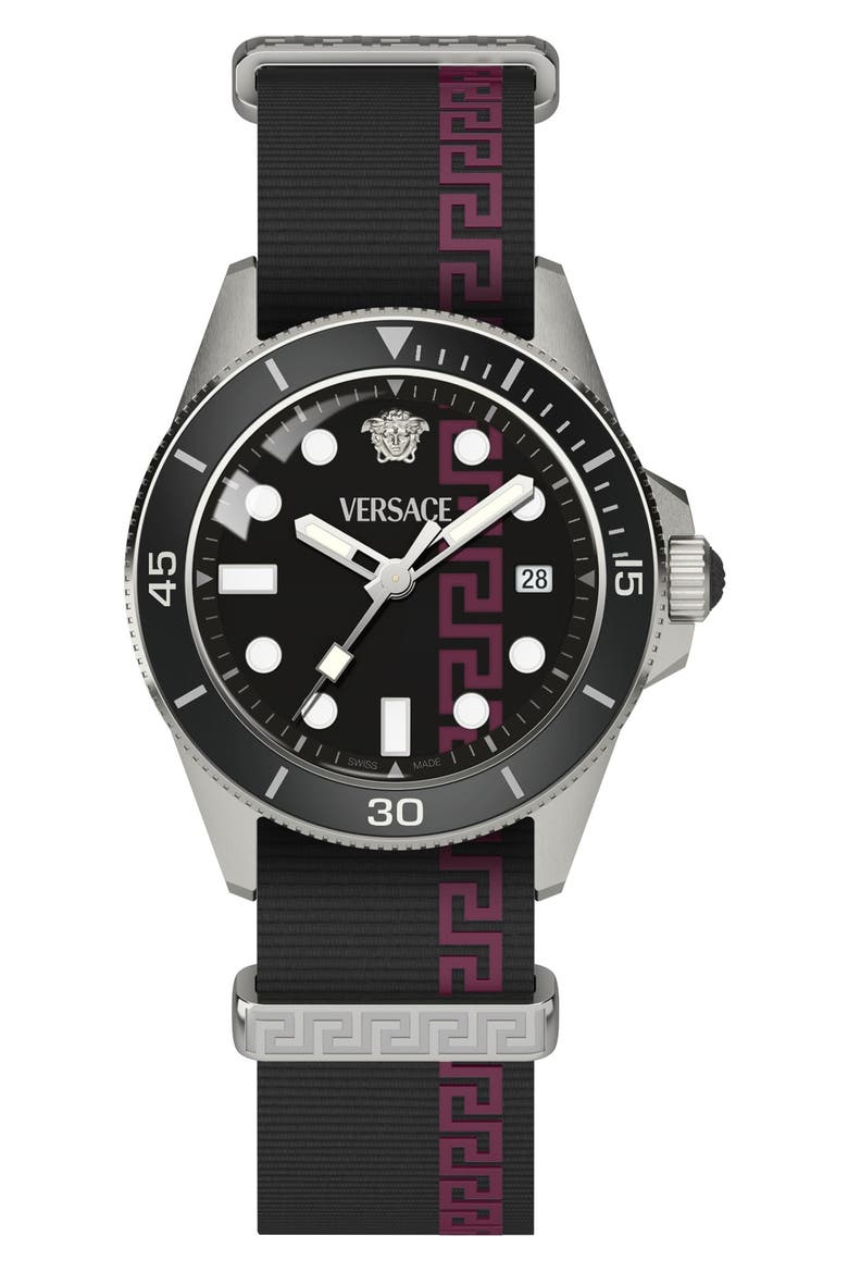Greca Force Fabric Strap Watch, 42mm, Alternate, color, STAINLESS STEEL