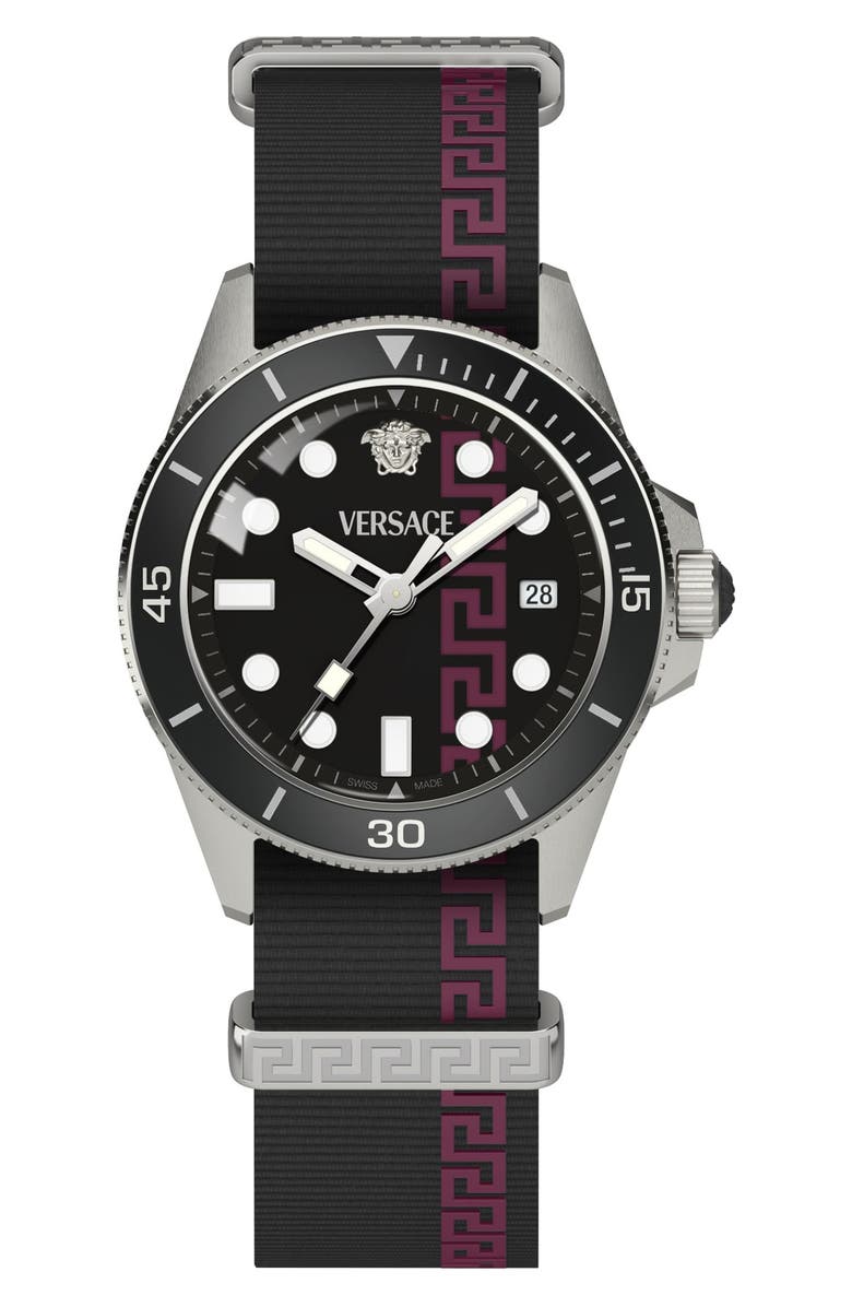 Versace Greca Force Fabric Strap Watch, 42mm, Alternate, color, Stainless Steel