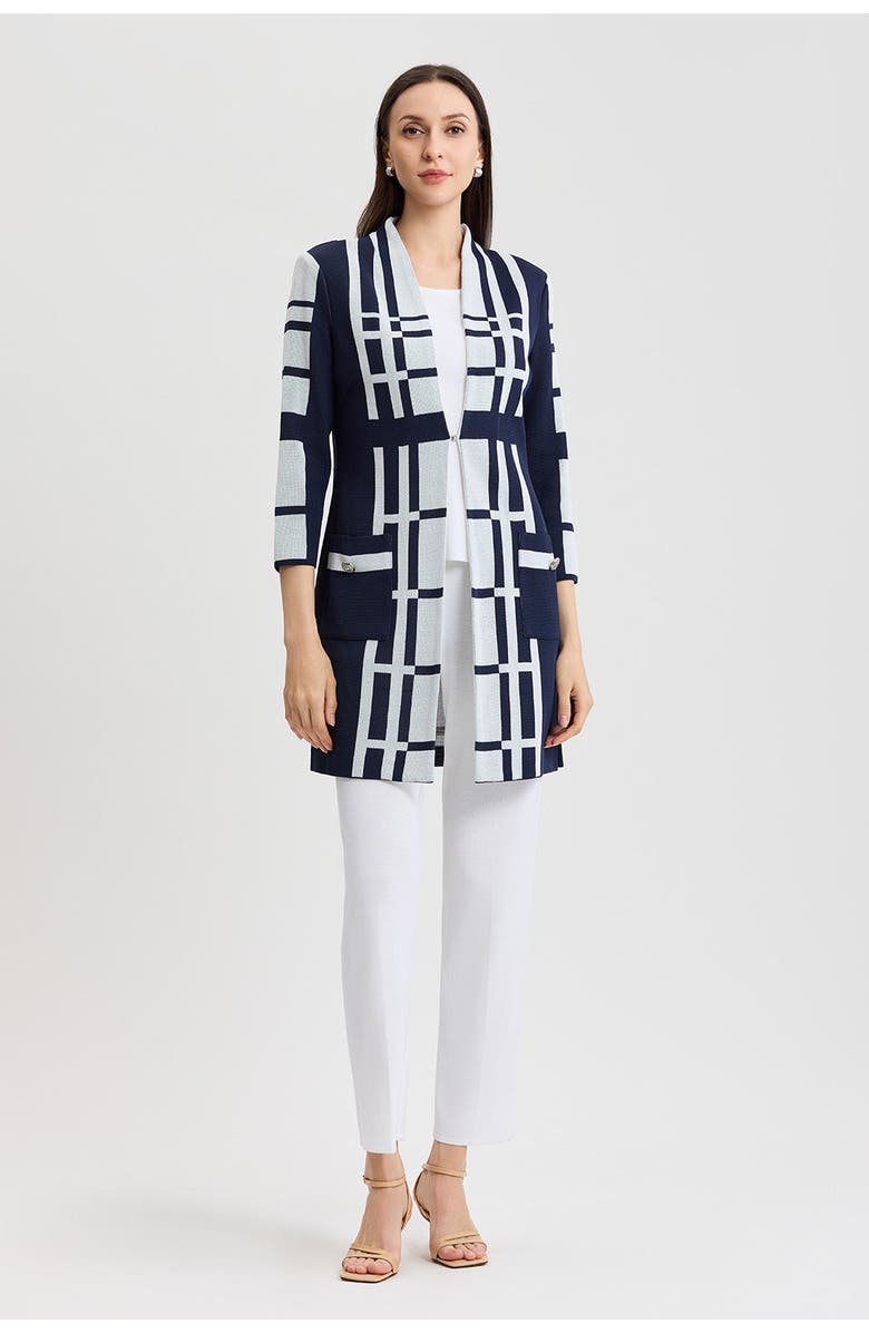 Ming Wang Heritage Two-Tone Geometric Knit Duster, Alternate, color, Indigo/White