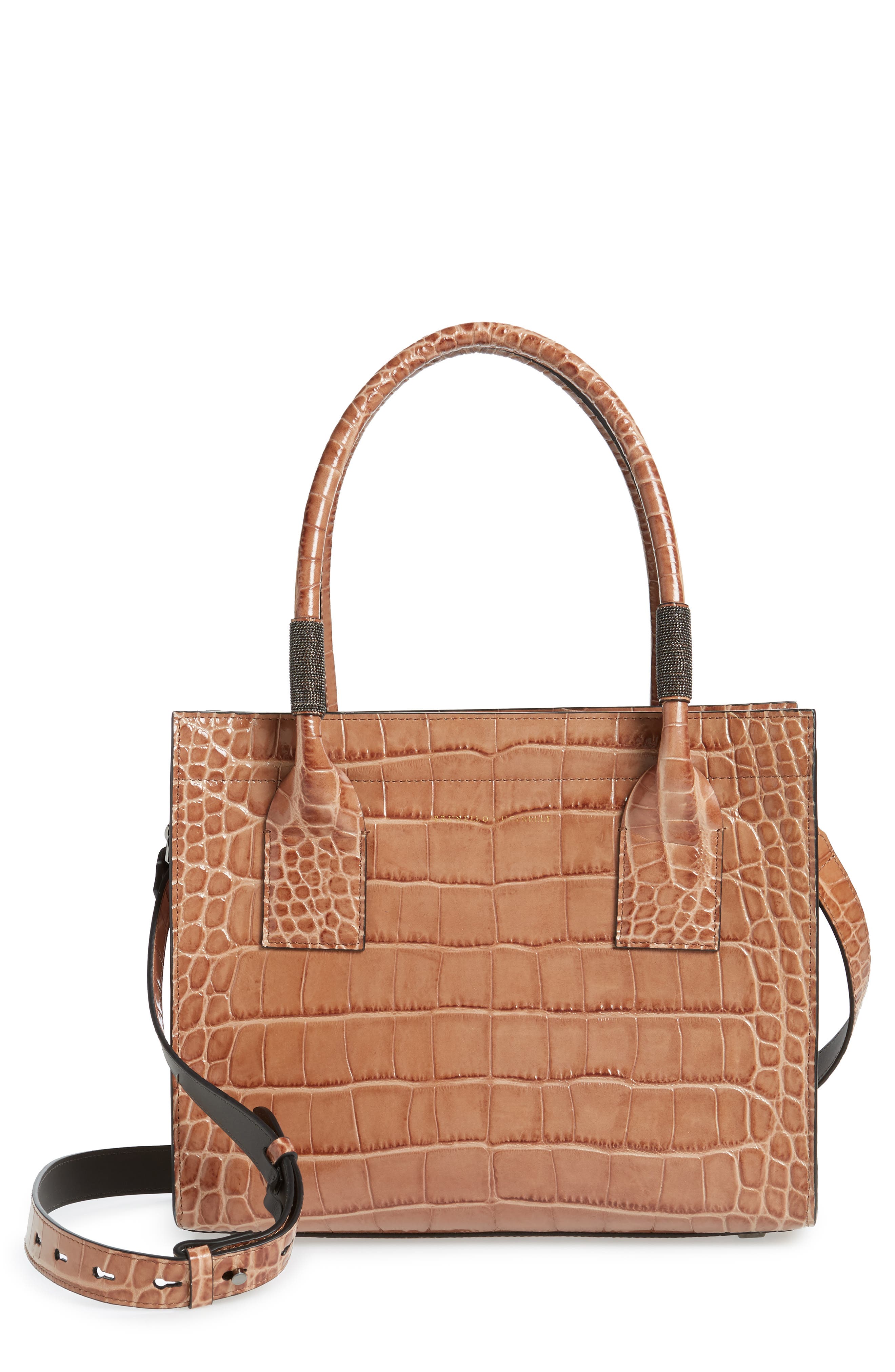 Brunello Cucinelli Monili Trim Croc Embossed Leather Tote, Main, color, 