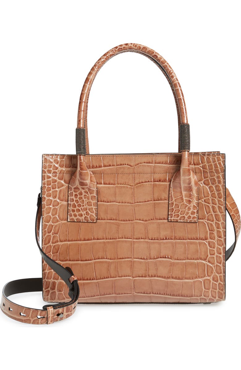 Brunello Cucinelli Monili Trim Croc Embossed Leather Tote, Main, color,