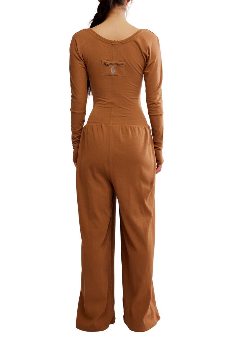 Free People FP Movement Hot Shot Wide Leg Long Sleeve Jumpsuit, Alternate, color, Tan