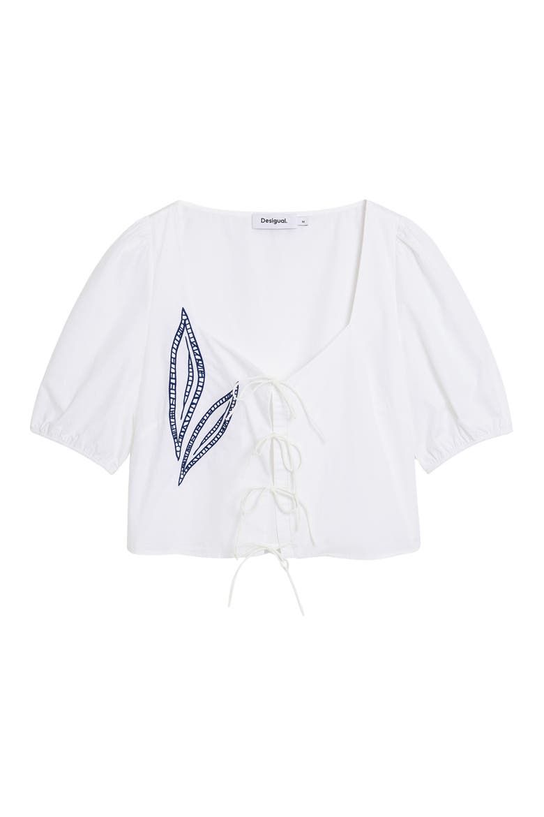 Embroidered Tie Front Top, Alternate, color, WHITE