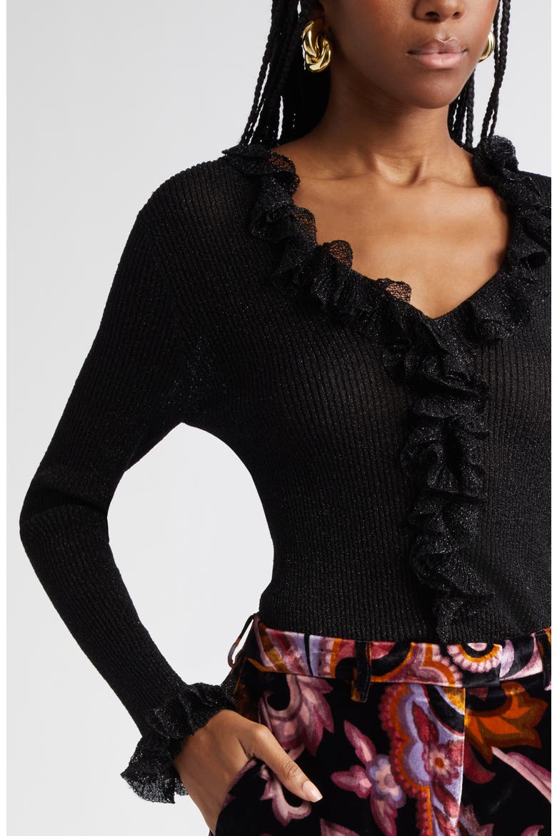 Ruffle Trim Glitter Rib Top, Alternate, color, BLACK