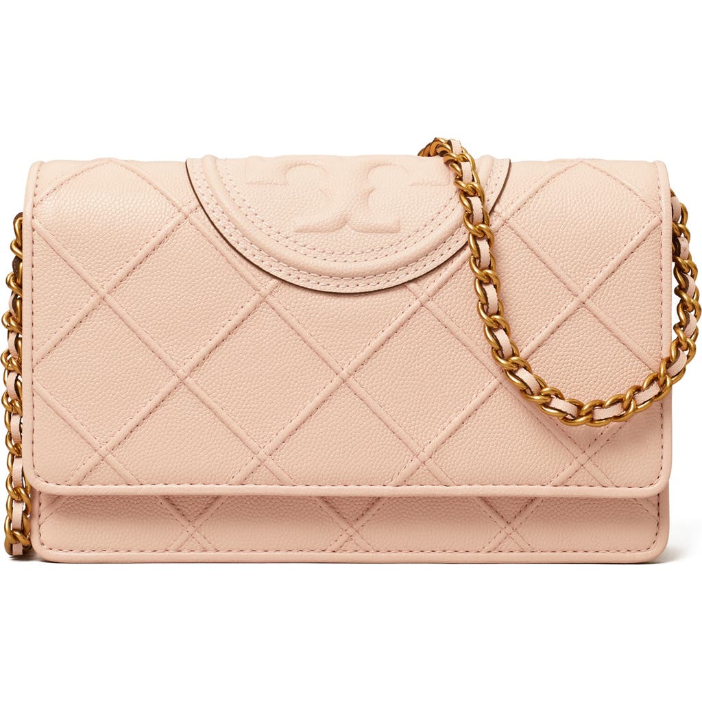 Tory Burch Fleming Soft Caviar Leather Wallet On A Chain In Pink