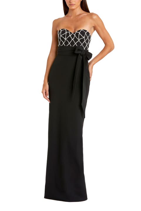 Strapless Crepe Embellished Bustier Gown With Bow