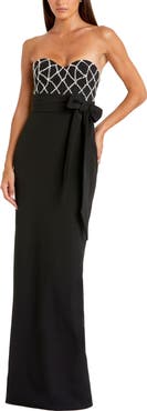 Mac Duggal Strapless Crepe Embellished Bustier Gown With Bow