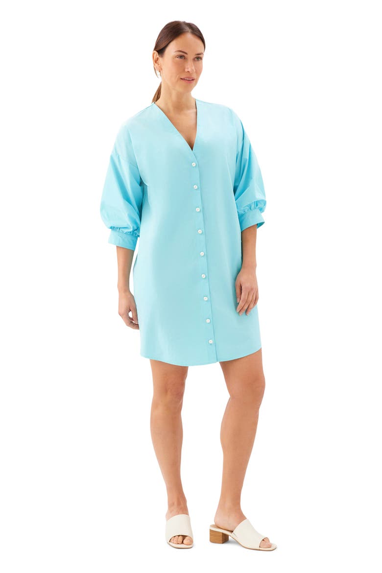 Puff Sleeve Pearly Button Dress, Alternate, color, AQUA