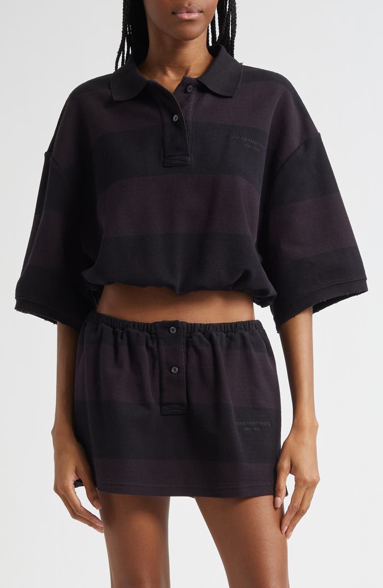 Alexander Wang Deconstructed Crop Piqué Polo, Main, color, Black Overdyed Stripe