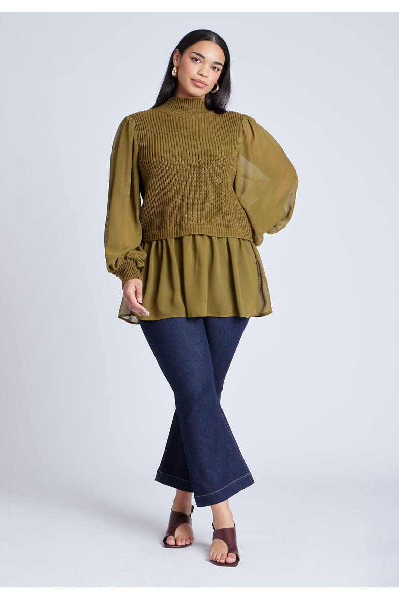 Twofer Sweater With Chiffon, Alternate, color, FIR GREEN