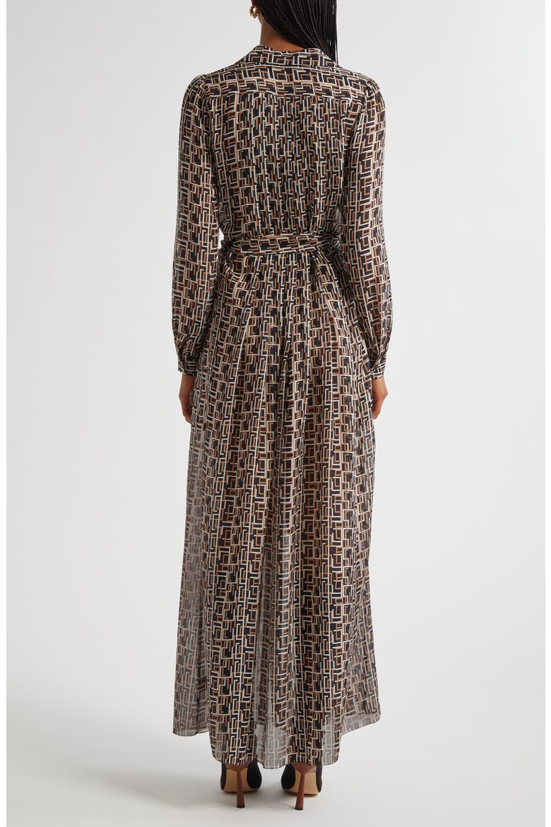 Klaudia Print Tie Waist Long Sleeve Silk Maxi Shirtdress, Alternate, color, BLACK MULTI L GEO PRINT