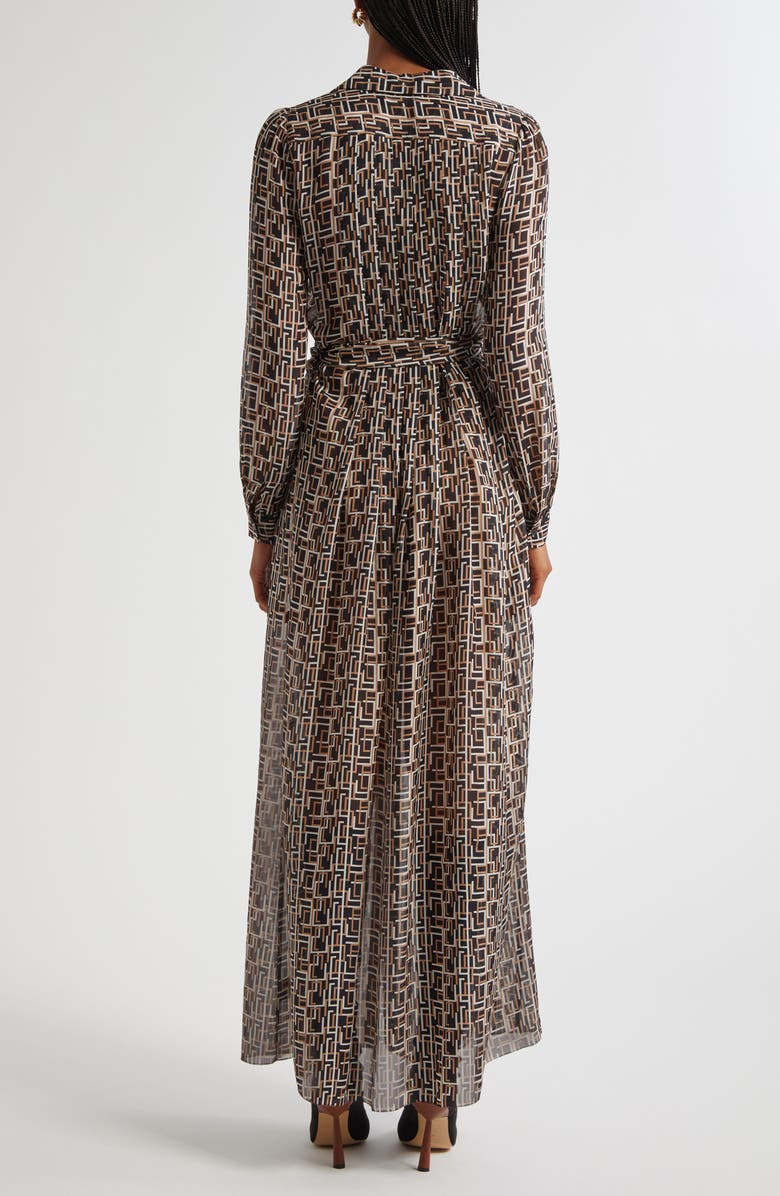 L'AGENCE Klaudia Print Tie Waist Long Sleeve Silk Maxi Shirtdress, Alternate, color, Black Multi L Geo Print