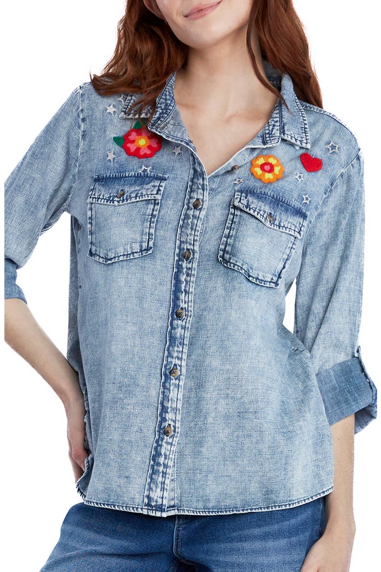 Birds of a Feather Embroidered Denim Button-Up Shirt, Main, color, DENIM