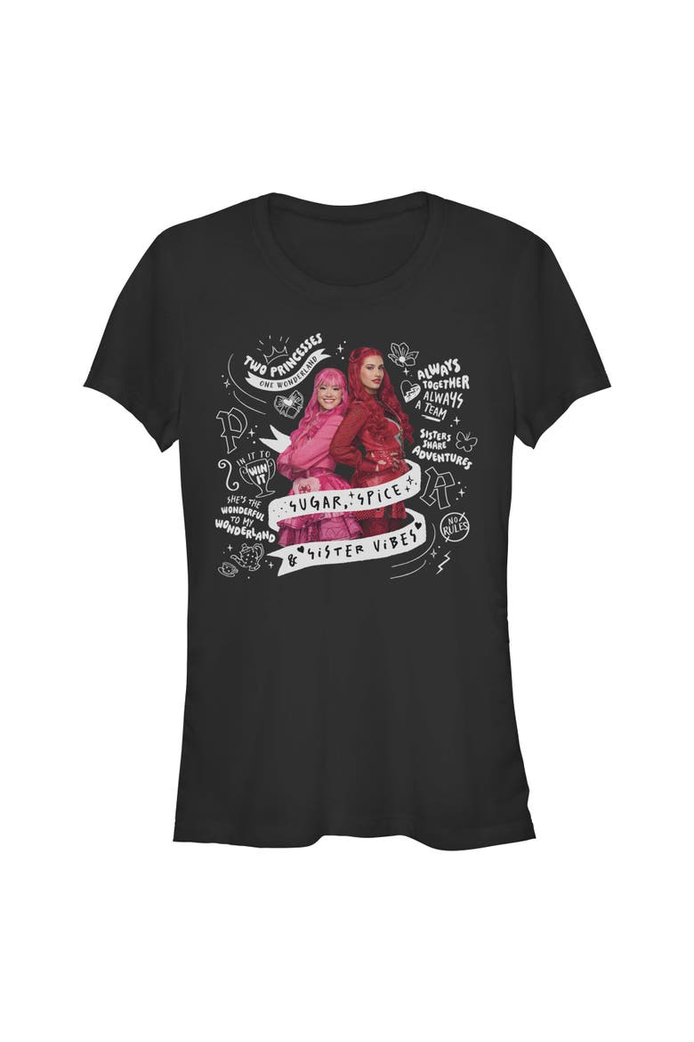 Juniors Descendants Wicked Wonderland Sugar Spice Sister Vibes T Shirt, Main, color, Black
