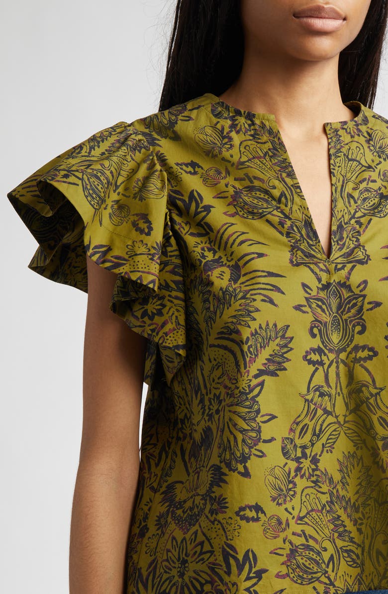 Ulla Johnson Severine Floral Cotton Flutter Sleeve Top, Alternate, color, Olive Flora