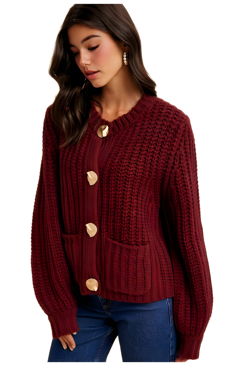 Knit and Lounge Chunky Knit Cardigan with Gold Buttons and Front Pockets, Alternate, color, Wine Red