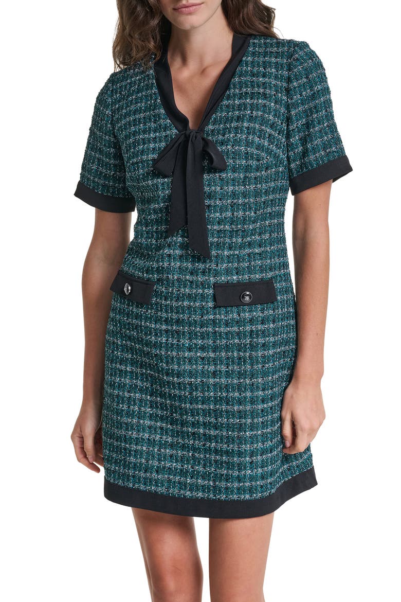 Tie Neck Tweed A-Line Minidress, Alternate, color, GLASS TEAL MULTI/ BLACK