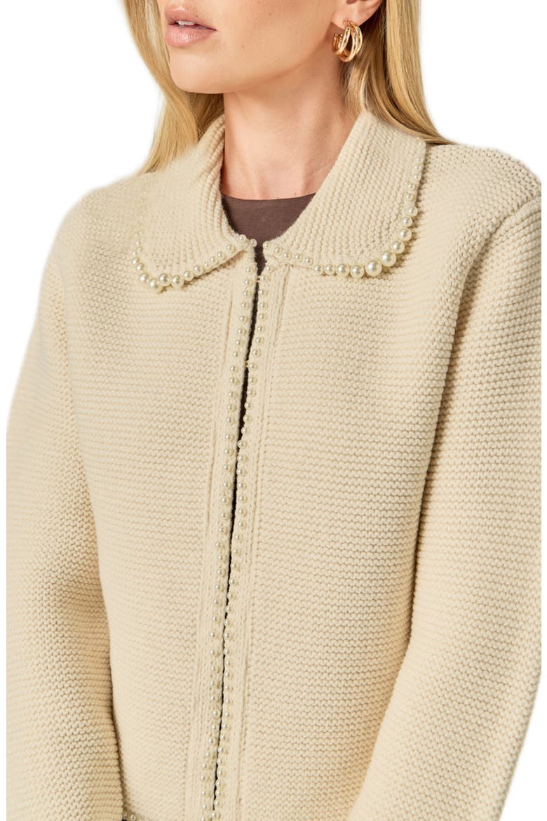 Faux Pearl Trim Collared Cardigan, Alternate, color, IVORY