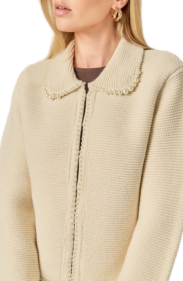 English Factory Faux Pearl Trim Collared Cardigan, Alternate, color, Ivory