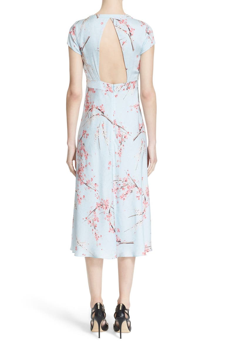 Floral Print Silk Twill Midi Dress, Alternate, color, BLUE CHERRY BLOSSOM PRINT