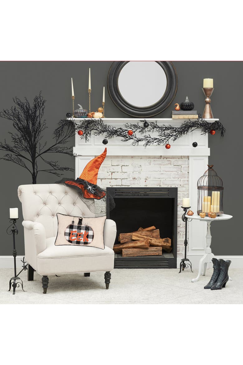 Franklin Plaid Black Pumpkin "Eek" Spider Web Halloween Linen Accent Pillow, 14" x 22", Alternate, color, Beige
