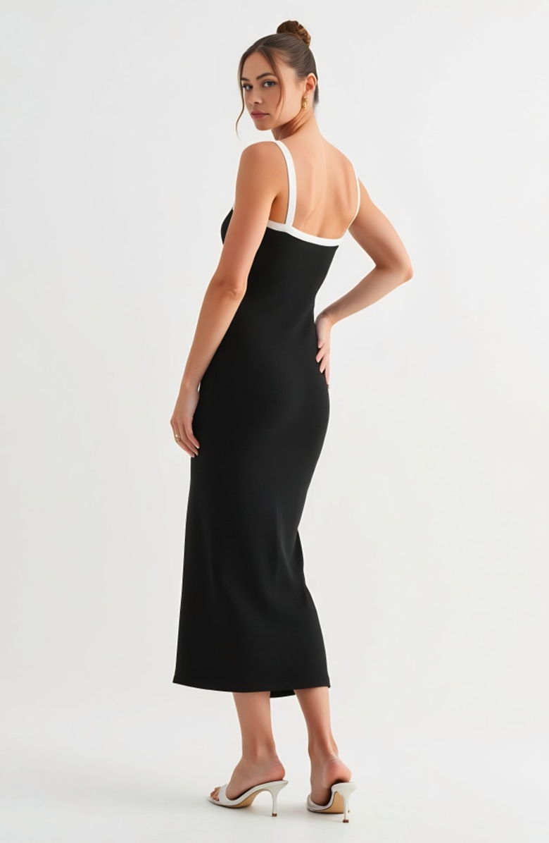 Modenaire Square Neck Contrast Trim Fitted Midi Dress, Alternate, color, Black / White