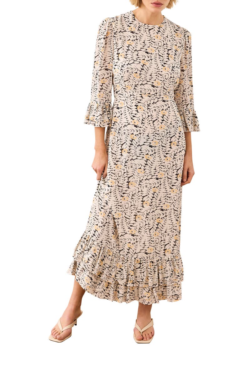 Floral Print Ruffle Midi Dress, Alternate, color, Black