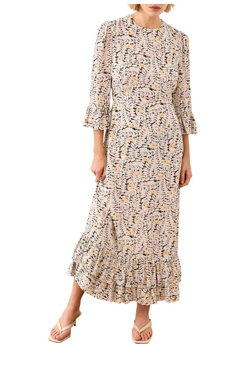 MINT VELVET Floral Print Ruffle Midi Dress, Alternate, color, Black