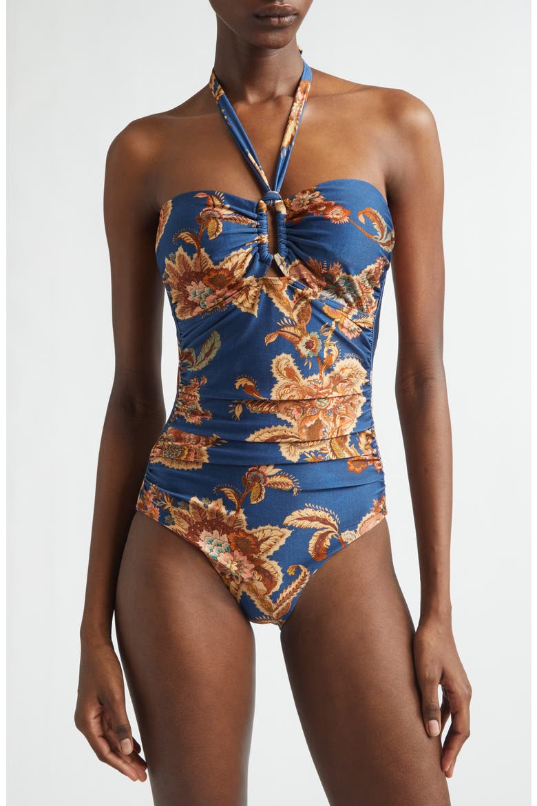Aster Wide Link One-Piece Halter Swimsuit, Main, color, NAVY JACOBEAN