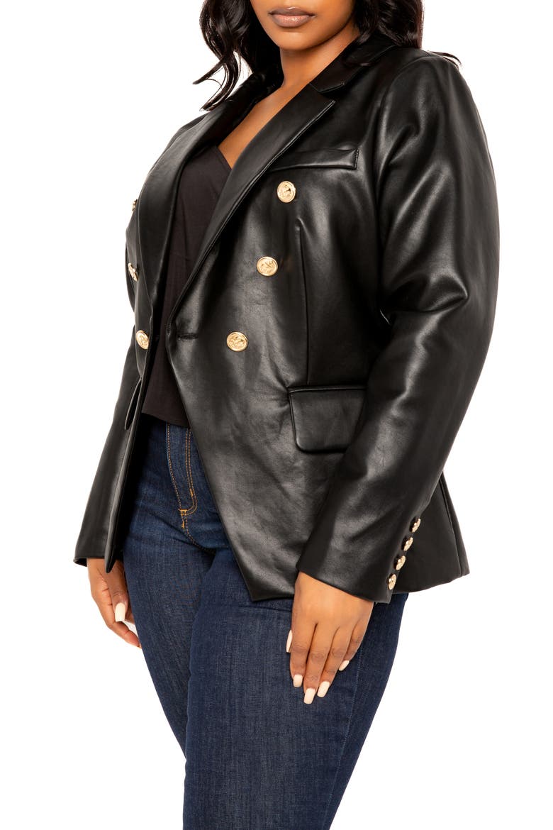 Faux Leather Double Breasted Blazer, Alternate, color, BLACK