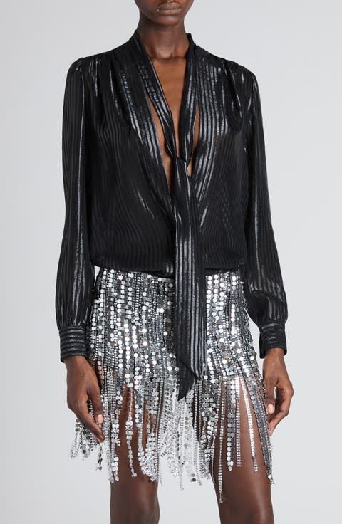 Stripe Tie Neck Silk Blend Top