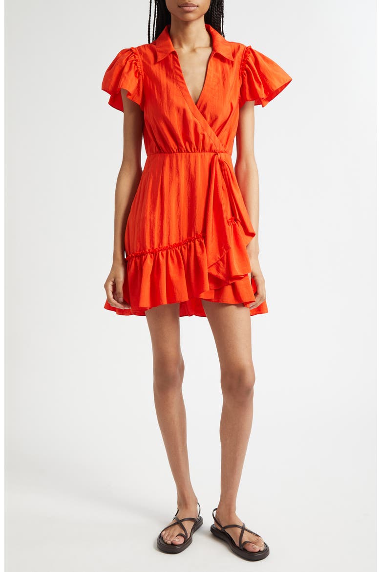 Lila Asymmetric Ruffle Taffeta Minidress, Main, color, CHERRY TOMATO