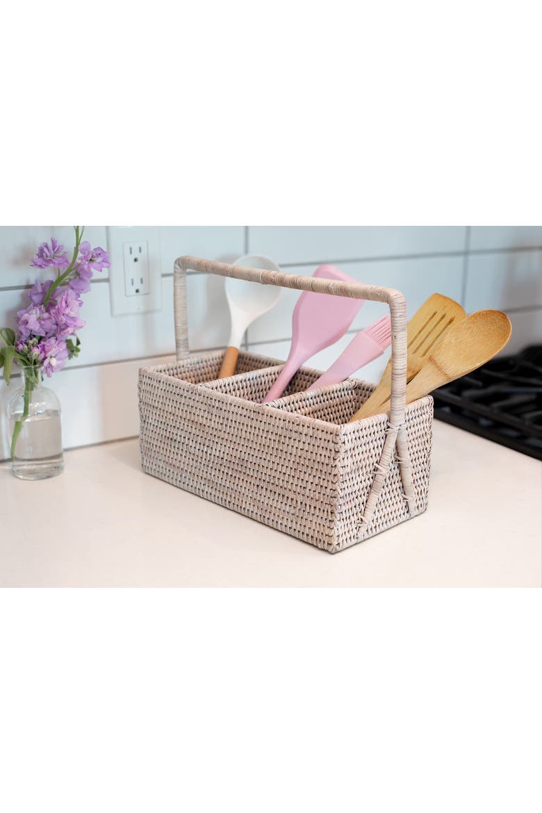Artifacts Rattan 3 Section Caddy/Cutlery Holder with Handle, Alternate, color, White Wash