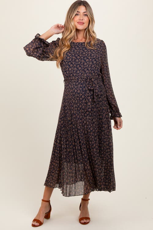 Pinkblush Floral Front Tie Pleated Midi Dress In Blue