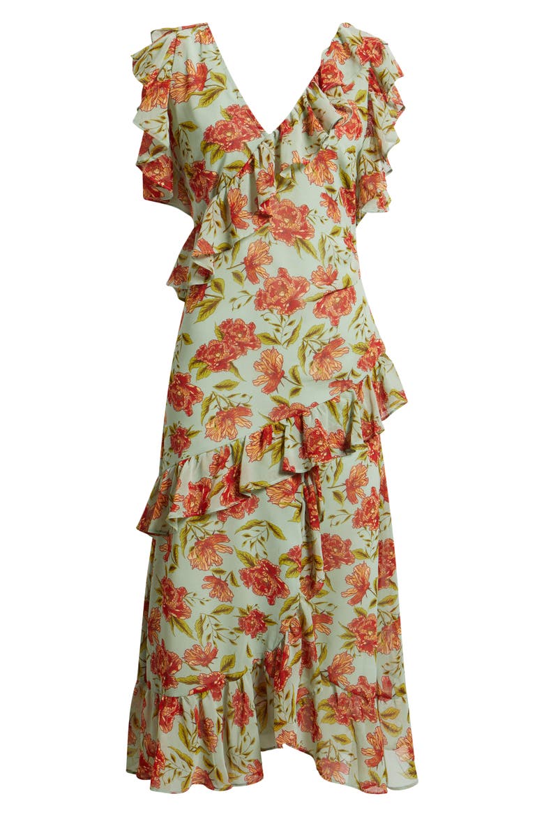 Ruffle Tiered Chiffon Midi Dress, Alternate, color, GREEN- RED FRANNIE FLORAL