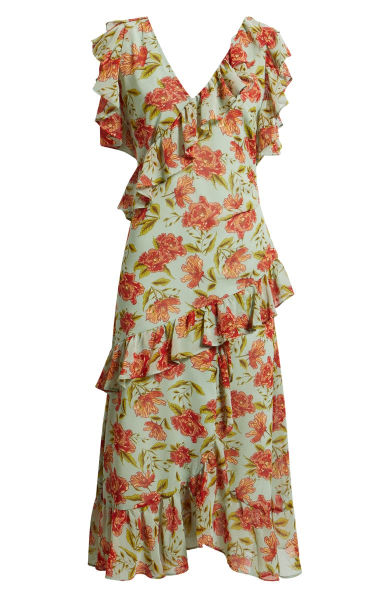 Chelsea28 Ruffle Tiered Chiffon Midi Dress, Alternate, color, Green- Red Frannie Floral