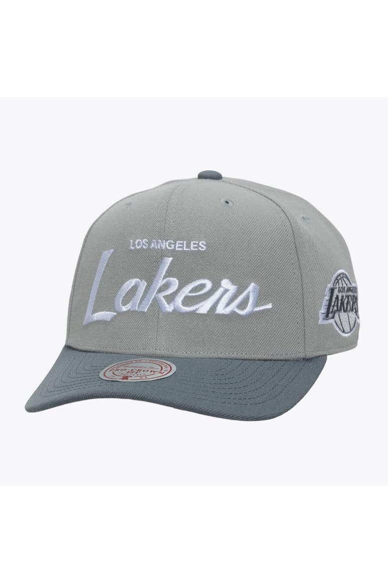 Men's Mitchell & Ness Gray Los Angeles Lakers Thunderstorm Head Coach Pro Crown Snapback Hat, Main, color, Gray