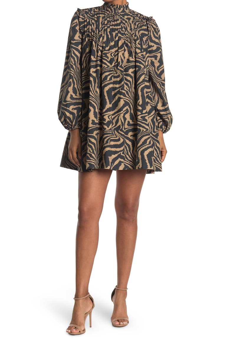 Tiger Stripe Long Sleeve Babydoll Minidress, Main, color, TANNIN