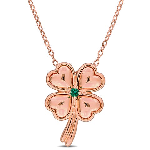 Lab-Created Emerald Clover Leaf Necklace Rose Plated