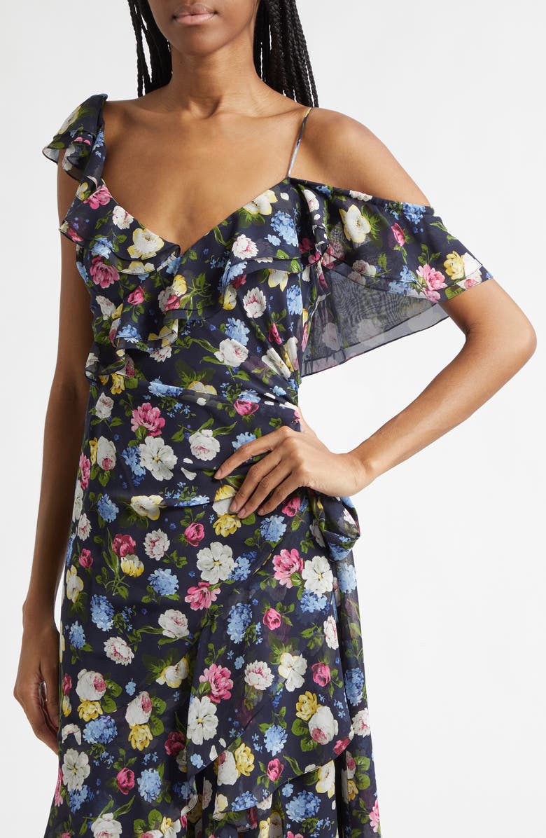Carolina Herrera Floral Print Ruffle Asymmetric Silk Gown, Alternate, color, Midnight Multi