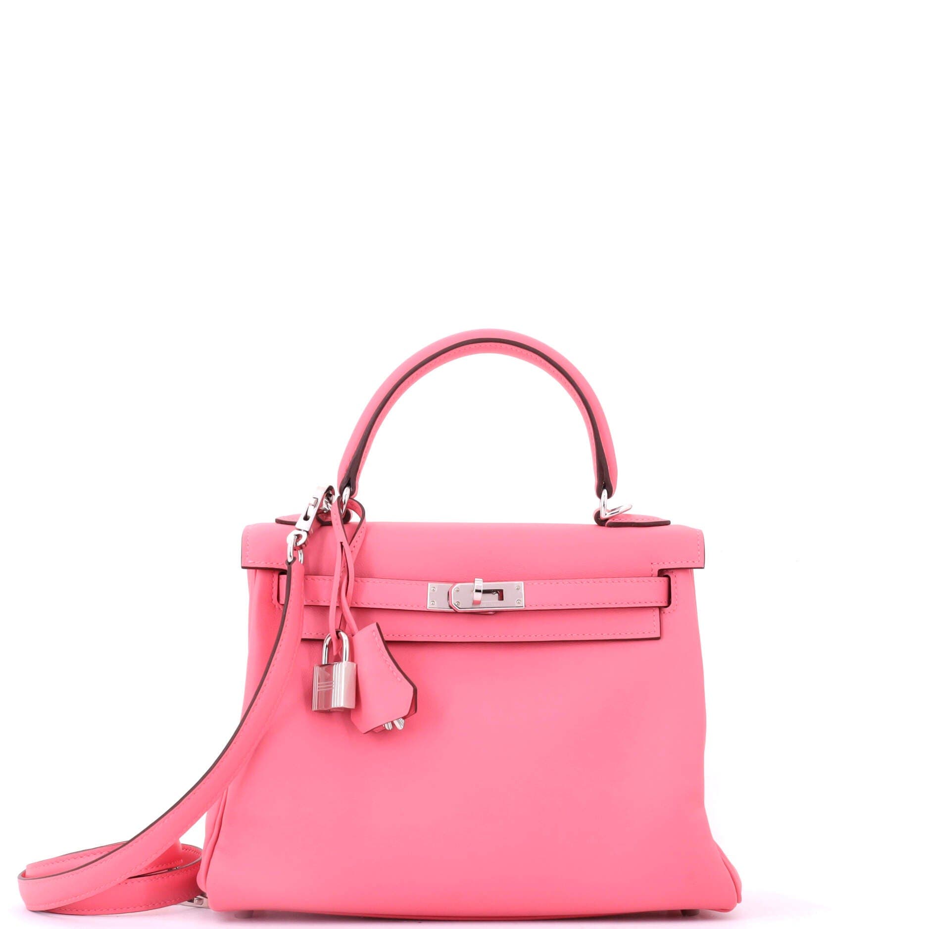 Pre-Owned Hermes Kelly Handbag Pink Swift with Palladium Hardware 25, Main, color, Rose Azalee