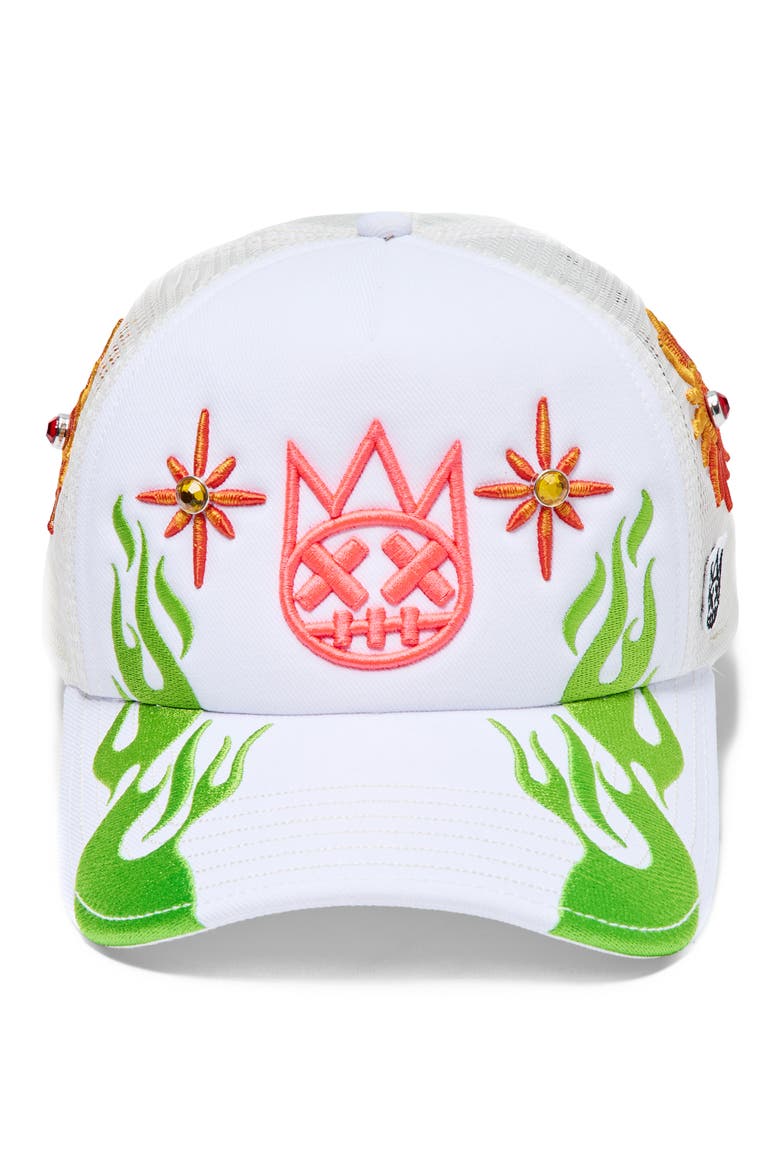 Shimuchan Logo Crystal Embellished Trucker Hat, Alternate, color, WINTER WHITE