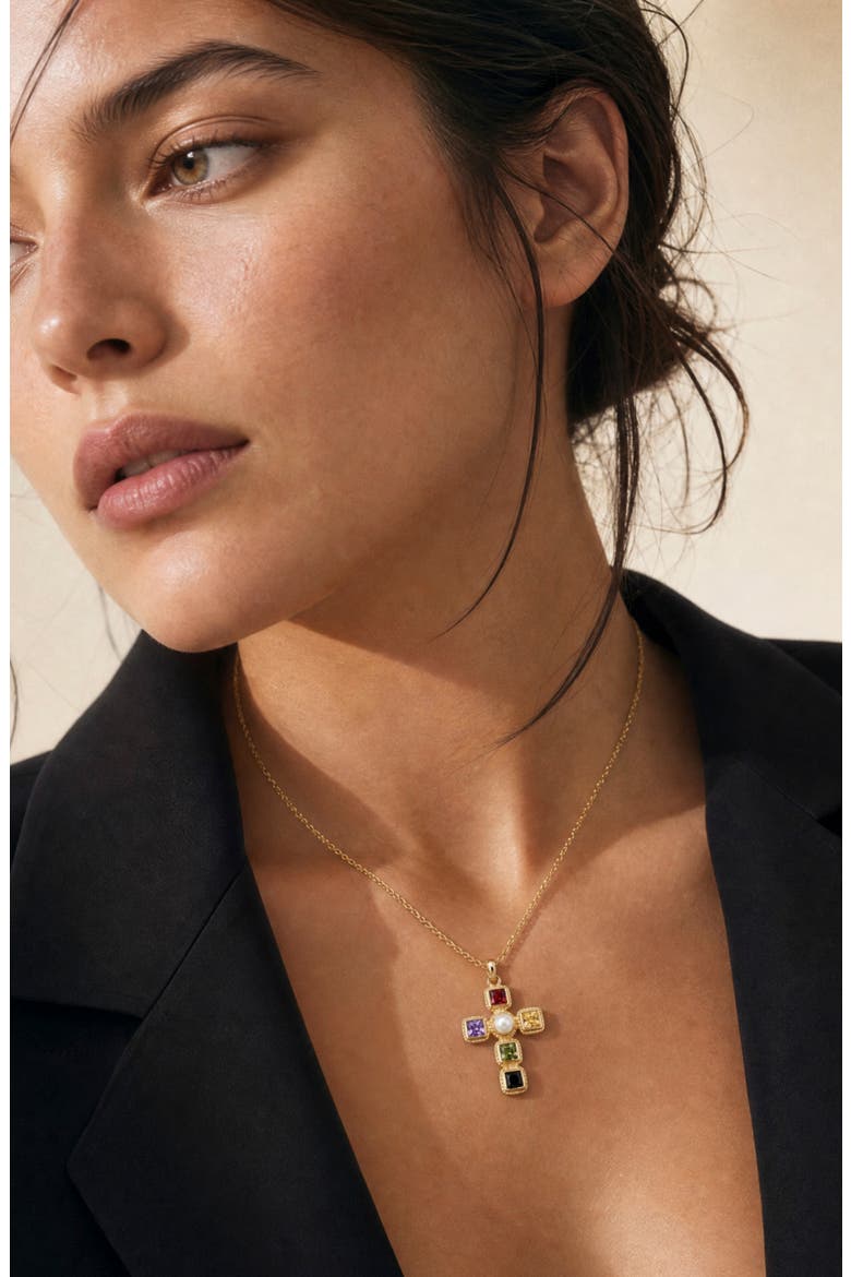 Jewel Imitation Pearl Cross Necklace, Alternate, color, GOLD