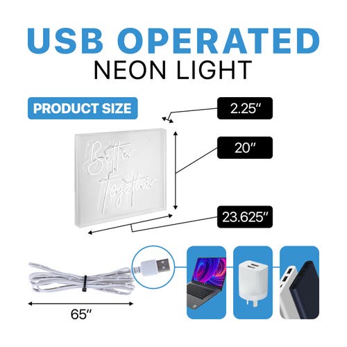 Jonathan Y Better Together 23.63" X 20" Contemporary Glam Acrylic Box Usb Operated Led Neon Light, W In White