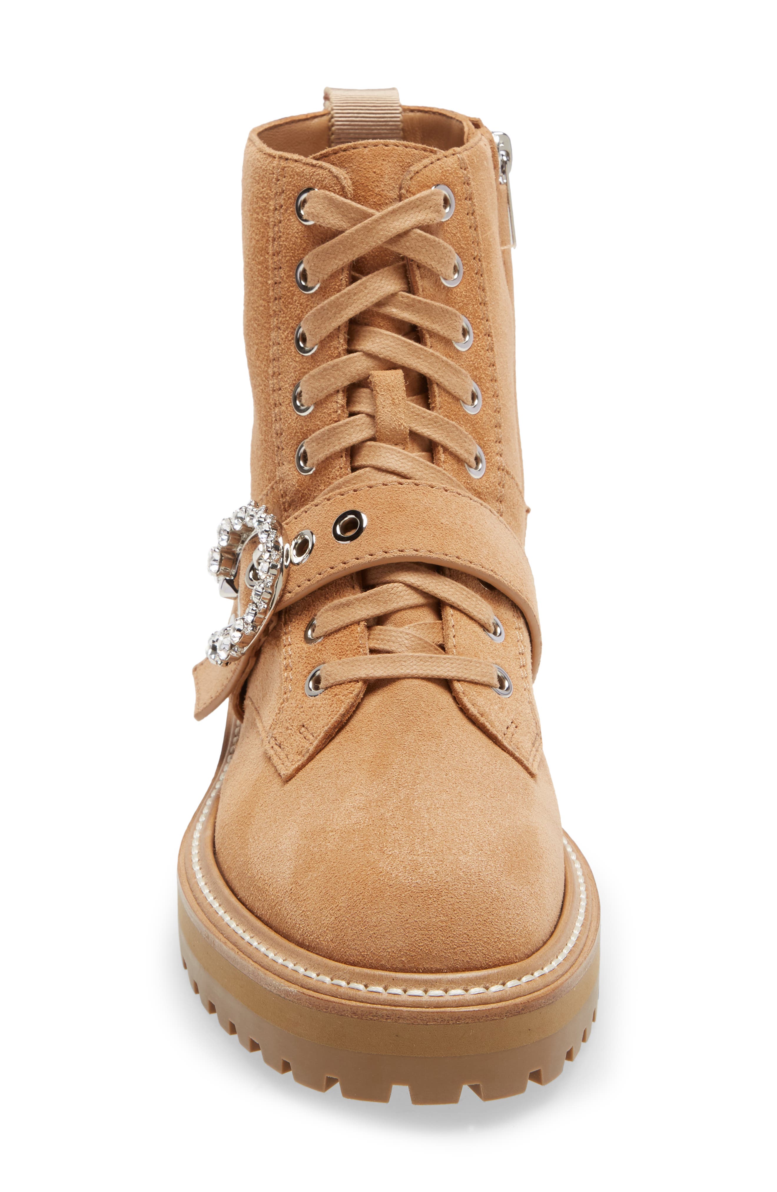 Jimmy Choo Cora Crystal Buckle Combat Boot, Alternate, color, Caramel/ Crystal