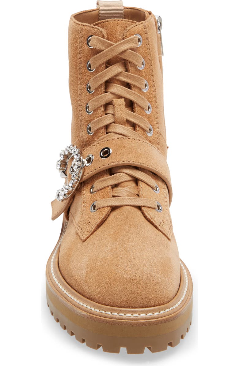 Jimmy Choo Cora Crystal Buckle Combat Boot, Alternate, color, Caramel/ Crystal
