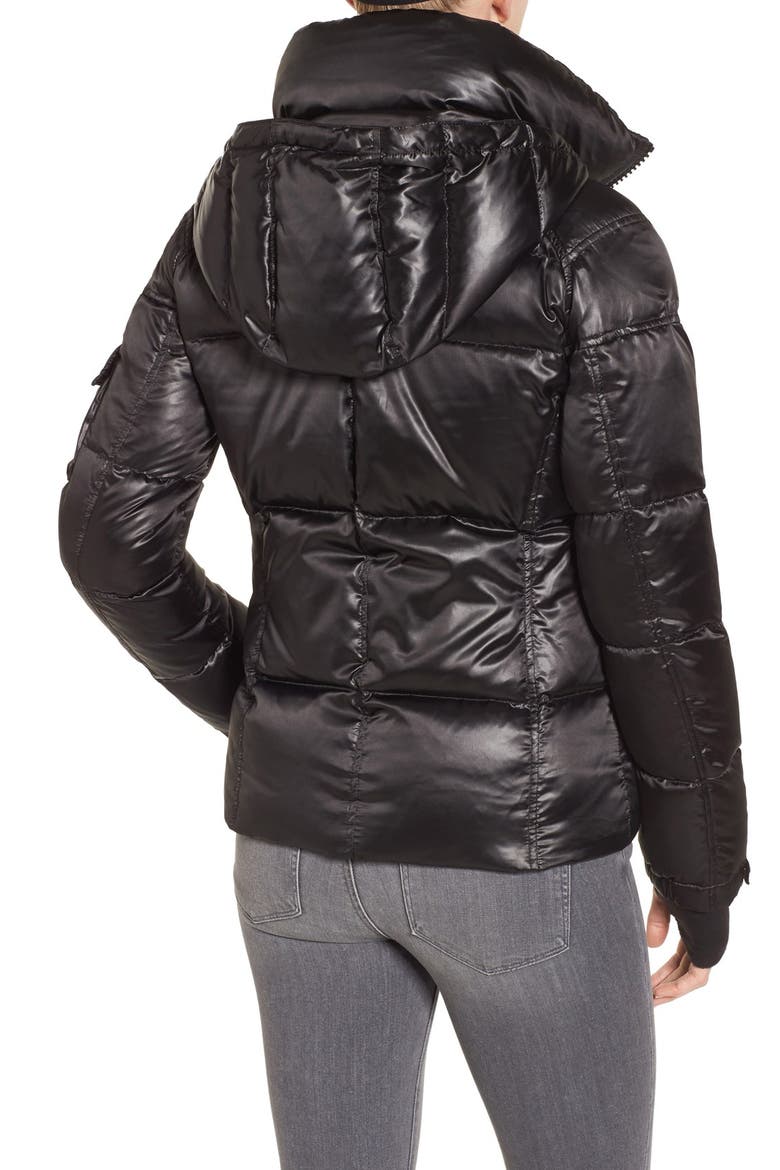 Kylie Metallic Quilted Jacket with Removable Hood, Alternate, color, JET