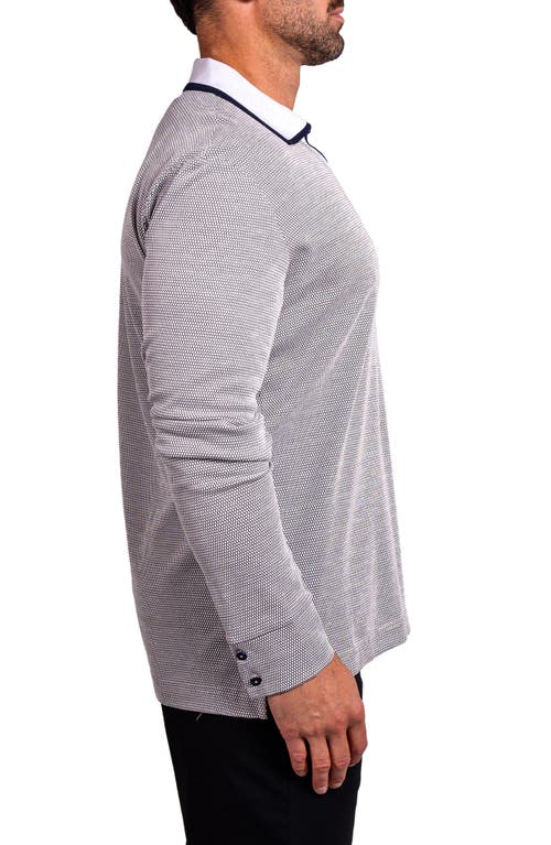 Maceoo Ascension0001 White Johnny Collar Long Sleeve Cotton Polo In Gray