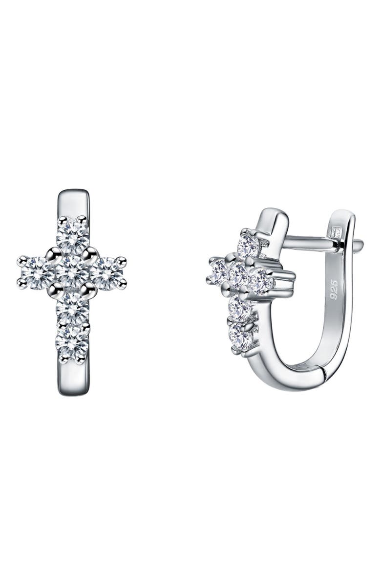 Lafonn Simulated Diamond Cross Huggie Hoop Earrings, Main, color, 